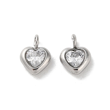 304 Stainless Steel Micro Pave Cubic Zirconia Pendants, Heart Charms, Clear, 7x5x2.5mm, Hole: 1.5mm