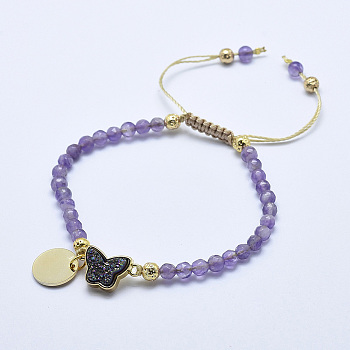 Natural Amethyst Braided Bead Bracelets, with Electroplated Natural Lava Rock Beads, Druzy Crystal, Nylon Cord and Brass Findings, Flat Round & Butterfly, 2-1/8 inch(5.3cm)~3-1/8 inch(8cm)