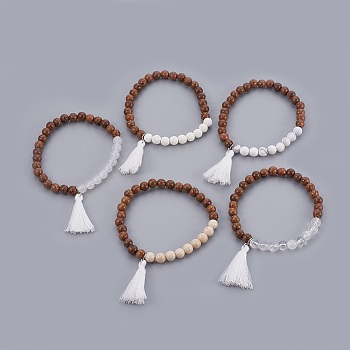 Natural Mixed Stone Beads Bracelets, with Wood Beads and Cotton Thread Tassels Pendant, 2-1/8 inch(5.4cm), 5pc/set