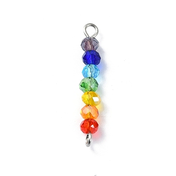 Electroplated Colorful Faceted Glass Rondelle Beaded Connector Charms, Chakra Links with 304 Stainless Steel Double Loops, Platinum, 29~29.5x4mm, Hole: 1.8~2mm