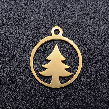 304 Stainless Steel Hollow Pendants, Ring with Christmas Tree, Golden, 15x13x1mm, Hole: 1.5mm