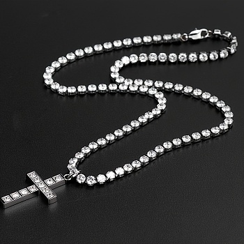 Stainless Steel Full Rhinestone Cross Pendant 4mm Tennis Chain Necklaces, Stainless Steel Color, 17.72 inch(45cm)