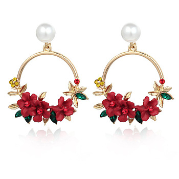 Ring with Flower Alloy & Rhinestone & Polymer Clay Stud Dangle Earrings, Golden, FireBrick, 52x44mm