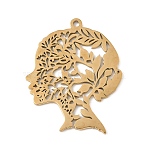 304 Stainless Steel Pendants, Woman's Head with Leaf Charm, Laser Cut, Ion Plating(IP), Real 18K Gold Plated, 39x30.5x1.5mm, Hole: 2mm(STAS-V016-16G)