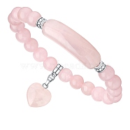 Natural Rose Quartz Curved Rectangle Stretch Braclets with Heart Charm, Inner Diameter: 2-3/8 inch(6cm)(PW-WG54678-02)