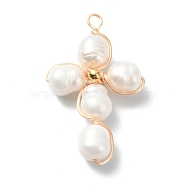 Natural Cultured Freshwater Pearl Copper Wire Wrapped Pendants, Cross Charms with Golden Plated Brass Beads, Seashell Color, 32x20x7.5mm, Hole: 2mm(PALLOY-TA00043)