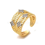 Rack Plating Brass Micro Pave Clear Cubic Zirconia Cuff Rings for Women, Long-Lasting Plated, Cadmium Free & Lead Free, Real 18K Gold Plated, Star, 14mm(RJEW-G325-13B-GP)