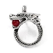 Tibetan Style Alloy Pendants, Dragon Charms with Red Resin Beads, Antique Silver, 37.5x28x20mm, Hole: 10x7mm(TIBE-L012-037AS)