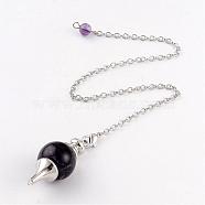 Natural Amethyst Sphere Dowsing Pendulums, with Platinum Tone Brass Cross Chain & Lobster Claw Clasps, 225~240mm(BJEW-E292-A07)