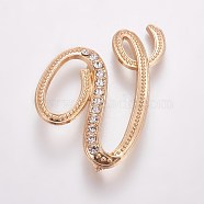 Alloy Brooches, with Rhinestone, Letter, Letter.V, Golden, 43x44x3mm, Pin: 1mm(JEWB-WH0005-01V-G)