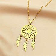 Woven Net/Web with Feather 304 Stainless Steel Pendant Necklaces for Women, Golden, 15.87 inch(40.3cm)(NJEW-G087-05G)