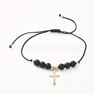 Adjustable Braided Bead Bracelets, with Natural Black Agate(Dyed) Beads, Nylon Thread, Golden Plated 304 Stainless Steel Pendants and Brass Beads, Cross, 5/8 inch~3 inch(1.5~7.5cm)(BJEW-JB04899-01)