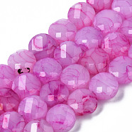 Opaque Baking Painted Crackle Glass Beads Strands, Flat Round, Faceted, Magenta, 8x5mm, Hole: 1.2mm, about 51pcs/strand, 15.47 inch~5.67 inch(39.3cm~39.8cm)(EGLA-T008-19D)