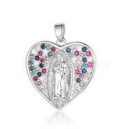 Brass Micro Pave Colorful Cubic Zirconia Pendants, Heart with Virgin Mary Charms, Platinum, 22x22x2.8mm(ZIRC-OY001-04P)