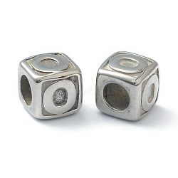 304 Stainless Steel European Beads, Large Hole Beads, Horizontal Hole, Cube with Letter, Stainless Steel Color, Letter.O, 8x8x8mm, Hole: 4mm(STAS-H145-01O-P)