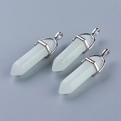Synthetic Luminous Stone Double Terminated Pointed Pendants, Glow in the Dark, with Platinum Plated Alloy Findings, Bullet, Cyan, 40x13x10.5mm, Hole: 2x4mm(X-G-P359-03A)