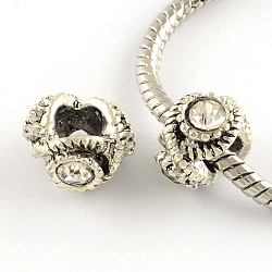 Alloy Rhinestone European Beads, Large Hole Beads, Antique Silver, Crystal, 12x13x8~9mm, Hole: 5mm(MPDL-R036-10M)