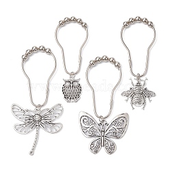 4Pcs 4 Style Owl Butterfly Dragonfly Iron Shower Curtain Rings for Bathroom, Easy Glide Rollers, Metal Shower Hook Hangers with Beads, Antique Silver, 111~131mm, 1pc/style(AJEW-JB01189)