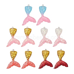 10Pcs 5 Colors Gradient Color Resin Pendants, Mermaid Tail Charms, with Glitter Powder and Platinum Tone Iron Loops, Mixed Color, 46x30x6mm, Hole: 2mm, 2pcs/color(CRES-YW0001-21)