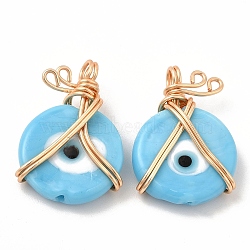 Wire Wrapped Handmade Lampwork Pendants, with Copper Findings, Real 18K Gold Plated, Long-Lasting Plated, Flat Round with Evil Eye, Light Sky Blue, 25x18x7mm, Hole: 2.9mm(KK-E076-03G-02)