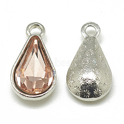 Alloy Glass Pendants, Faceted, teardrop, Platinum, Dark Salmon, 18x10x5mm, Hole: 2mm(PALLOY-T029-8x13mm-08)