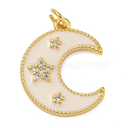 Rack Plating Brass Micro Pave Clear Cubic Zirconia Pendants, with Enamel and Jump Ring, Lead Free & Cadmium Free, Long-Lasting Plated, Moon, Real 18K Gold Plated, 20x16x2mm, Hole: 2.5mm(KK-Z063-31G)