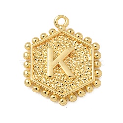 Brass Pendants, Hexagon Letter Charms, Letter K, 20x16x2.5mm, Hole: 1.5mm(KK-B126-01G-K)