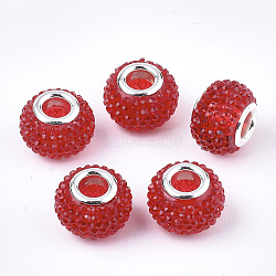 Resin Rhinestone European Beads, Large Hole Beads, with Platinum Plated Brass Double Cores, Rondelle, Berry Beads, Red, 14x10mm, Hole: 5mm(X-RPDL-T002-03F)