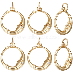 Brass Micro Pave Clear Cubic Zirconia Pendants, with Jump Rings, Long-Lasting Plated, Round Ring with Moon & Star Charm, Golden, 17x14.5x2.5mm, Hole: 3.6mm, 8pcs/box(ZIRC-BBC0001-78)