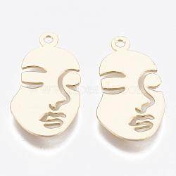 Brass Pendants, Face, Nickel Free, Real 18K Gold Plated, 20x11x0.5mm, Hole: 1mm(KK-Q750-008G)