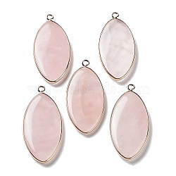 Natural Rose Quartz Pendants, Light Gold Plated Brass Horse Eye Charms, 44.5~45x20.5~21x4mm, Hole: 2mm(G-G063-03E)