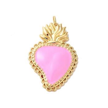 Rack Plating Brass Enamel Pendants, with Jump Ring, Cadmium Free & Lead Free, Long-Lasting Plated, Real 18K Gold Plated, Sacred Heart Charm, Pearl Pink, 34x23x3.5mm, Hole: 3.5mm