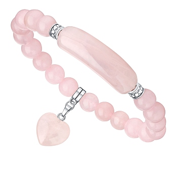 Natural Rose Quartz Curved Rectangle Stretch Braclets with Heart Charm, Inner Diameter: 2-3/8 inch(6cm)