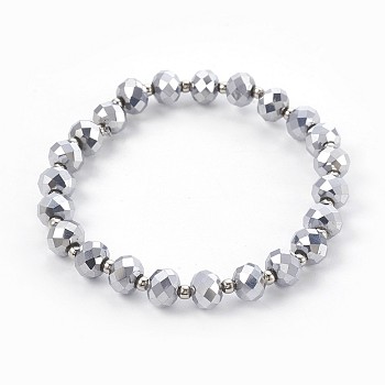 Electroplate Glass Stretch Bracelets, with Brass Spacer Beads, Round, Platinum Plated, 2-1/8 inch(5.3cm)