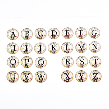 Glass Cabochons, Half Round with Black Alphabet, Antique White, Letter A~Z, 25x7~8mm, 26pcs/set