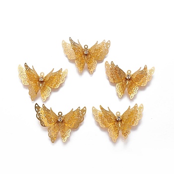 Brass Pendants, with Rhinestone,  Long-Lasting Plated, Butterfly, Golden, 27x35x7.5mm, Hole: 1.2mm