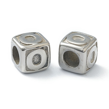 304 Stainless Steel European Beads, Large Hole Beads, Horizontal Hole, Cube with Letter, Stainless Steel Color, Letter.O, 8x8x8mm, Hole: 4mm