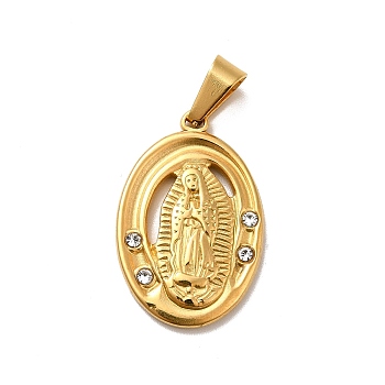 Vacuum Plating 304 Stainless Steel Pendants, with Rhinestone, Oval with Virgin Mary, Golden, 25x16.5x3mm, Hole: 7x3.5mm