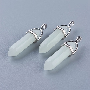 Synthetic Luminous Stone Double Terminated Pointed Pendants, Glow in the Dark, with Platinum Plated Alloy Findings, Bullet, Cyan, 40x13x10.5mm, Hole: 2x4mm