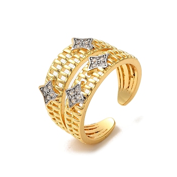 Rack Plating Brass Micro Pave Clear Cubic Zirconia Cuff Rings for Women, Long-Lasting Plated, Cadmium Free & Lead Free, Real 18K Gold Plated, Star, 14mm