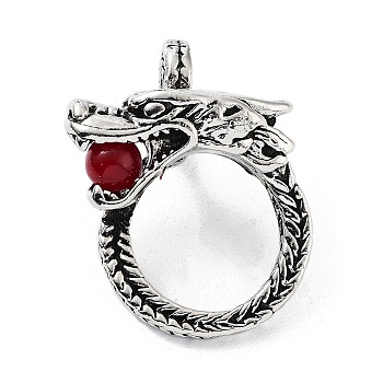 Tibetan Style Alloy Pendants, Dragon Charms with Red Resin Beads, Antique Silver, 37.5x28x20mm, Hole: 10x7mm