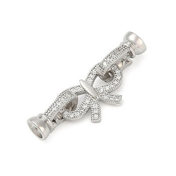 Brass Micro Pave Clear Cubic Zirconia Fold Over Clasps, Long-Lasting Plated, Rack Plating, Bowknot, Platinum, 32mm