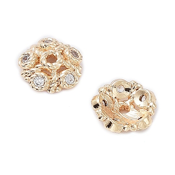 Rack Plating Brass Cubic Zirconia Bead Cap, 5-Petal Flower, Real 18K Gold Plated, 6x2mm, Hole: 0.7mm