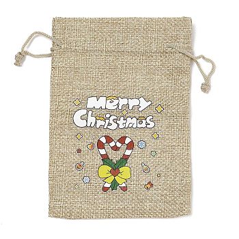 Christmas Printed Burlap Packing Pouches Drawstring Bags, Rectangle, Tan, Candy Cane, 14x10x0.01cm