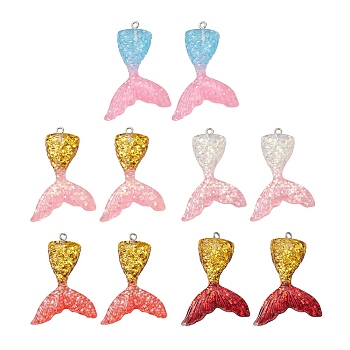 10Pcs 5 Colors Gradient Color Resin Pendants, Mermaid Tail Charms, with Glitter Powder and Platinum Tone Iron Loops, Mixed Color, 46x30x6mm, Hole: 2mm, 2pcs/color