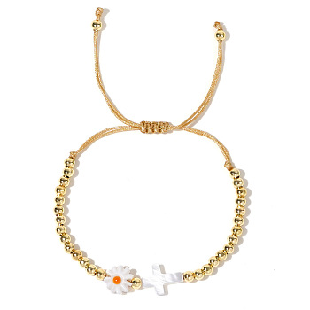 Fashionable Brass Bead & Cross Shell Daisy Braided Bead Bracelets for Women