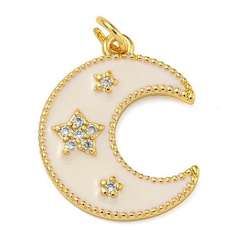 Rack Plating Brass Micro Pave Clear Cubic Zirconia Pendants, with Enamel and Jump Ring, Lead Free & Cadmium Free, Long-Lasting Plated, Moon, Real 18K Gold Plated, 20x16x2mm, Hole: 2.5mm