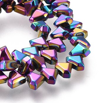 Electroplate Non-Magnetic Synthetic Hematite Beads Strands, Triangle, Faceted, Multi-color Plated, 6x8x3.5mm, Hole: 1mm, about 70~73pcs/strand, 15.35 inch(39cm)