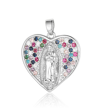 Brass Micro Pave Colorful Cubic Zirconia Pendants, Heart with Virgin Mary Charms, Platinum, 22x22x2.8mm