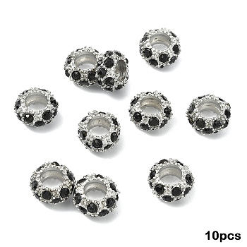 10Pcs Alloy Rhinestone European Beads, Large Hole Beads, Rondelle, Jet, 11x6mm, Hole: 5mm